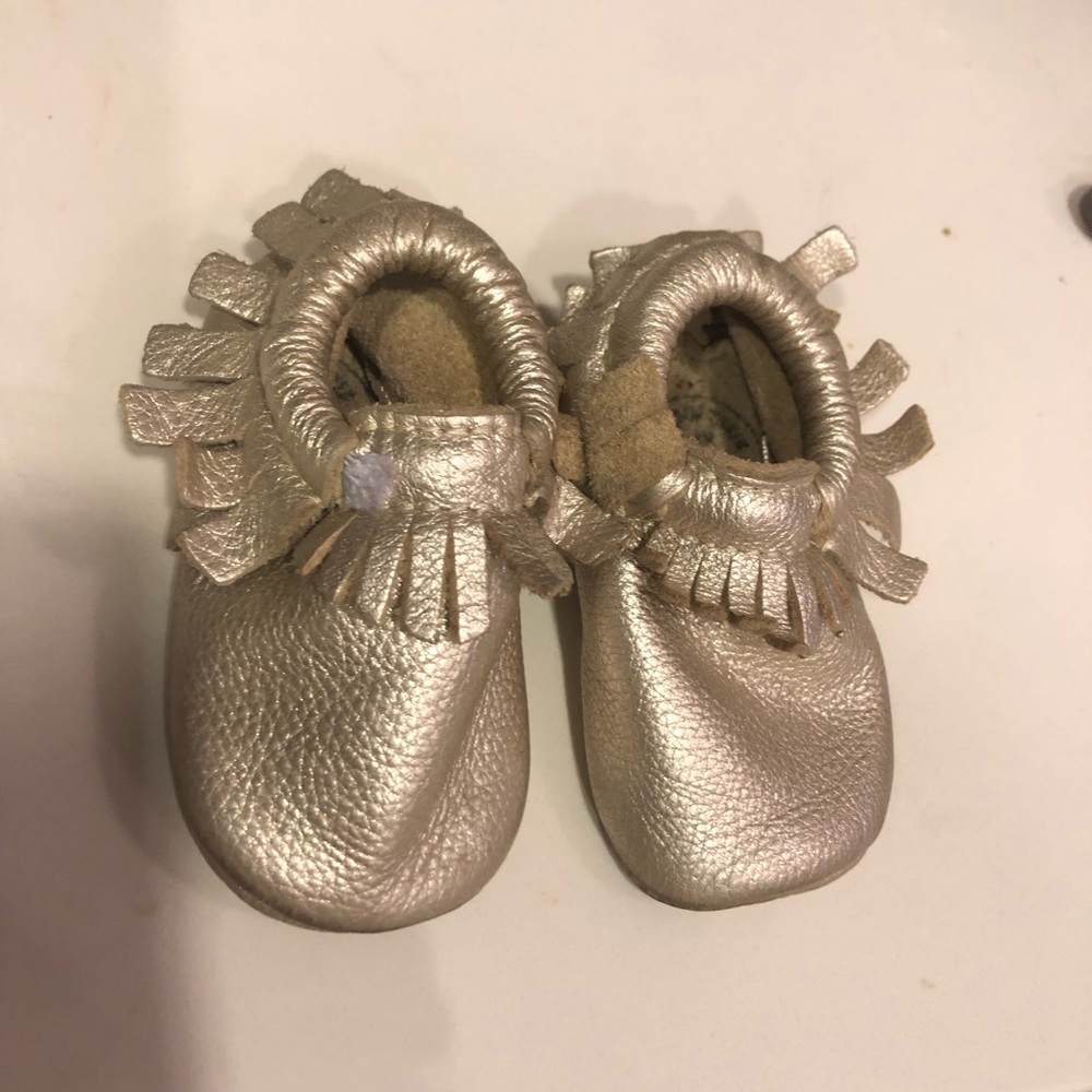 Freshly picked gold moccasins size 3 baby girl